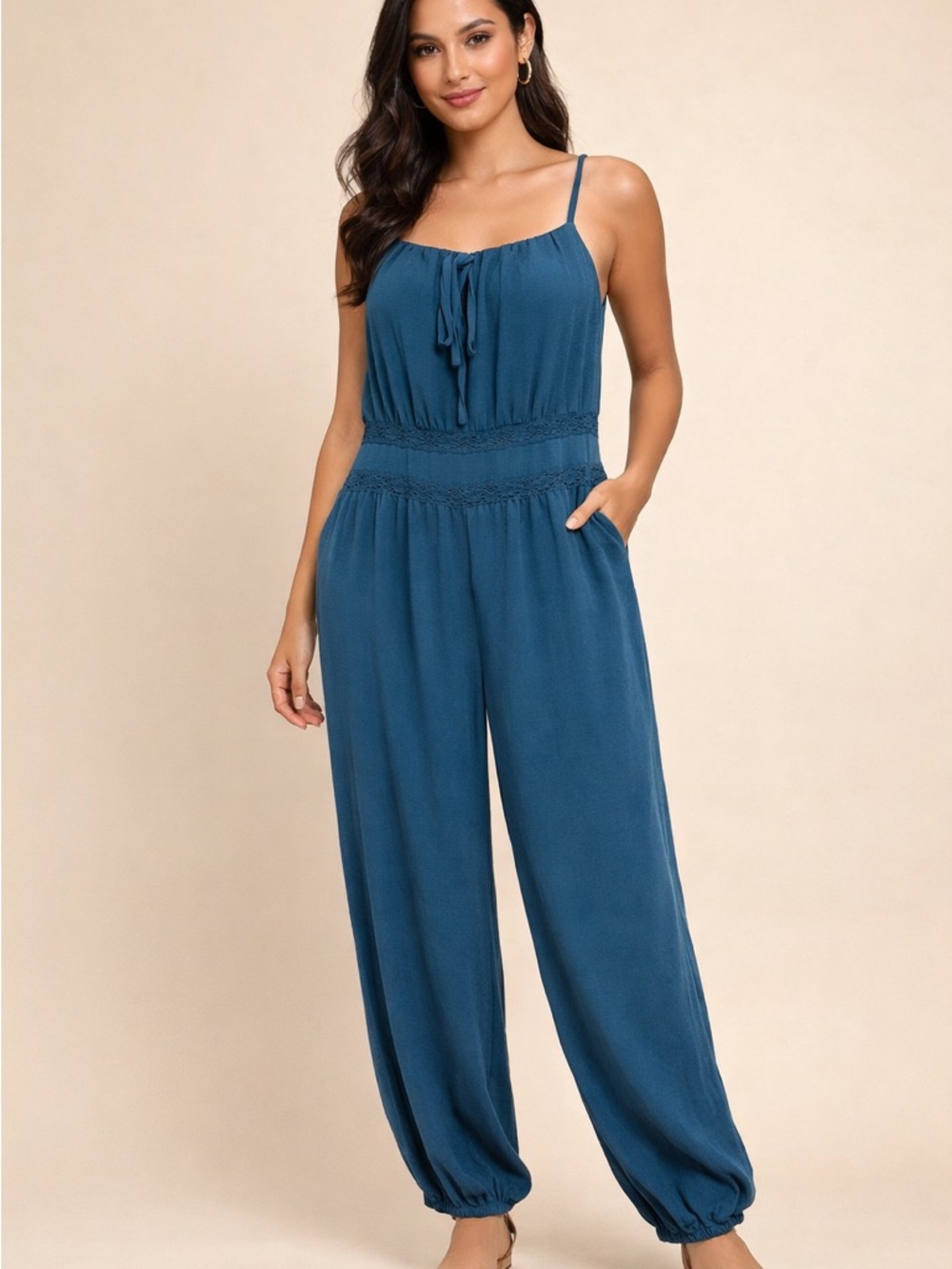 SHEIN  Woman’s teal sleeveless, drawstring jumpsuit w/ ruched waist &pockets